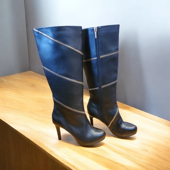 Thalia Sodi Womens Valdiva Stiletto Heel Knee High Boots 6 Black Faux Leather - Picture 1 of 11